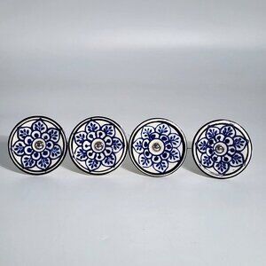 Home Decor Unique Ceramic Knobs Pulls for Kitchen Dresser Blue Floral Lot of 4